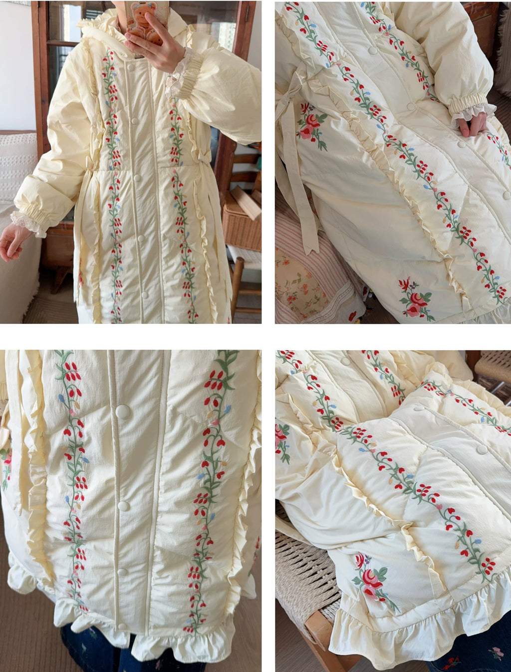 Parisian Women Full Sleeve Long Mid-Calf Thick Outerwear Hoode Zipper Down Jacket Embroidery Warm Coats Japanese Style