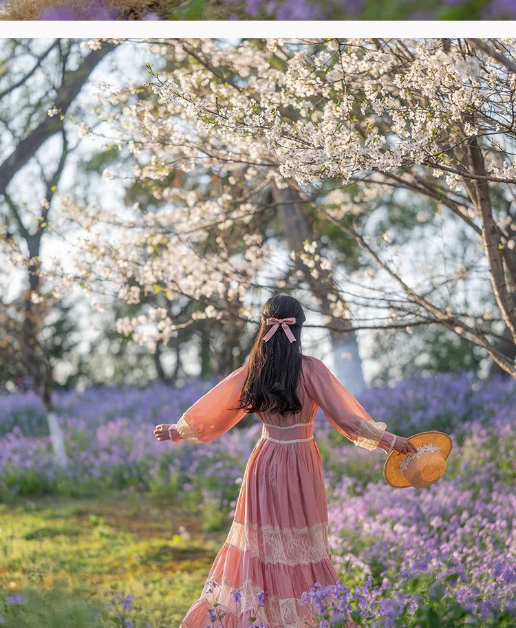 Parisian Long Maxi Women Ladies Dress Full Lantern Sleeve Pink Lace Patchwork 2025 New S-XL Spring Autumn Summer Square Collar