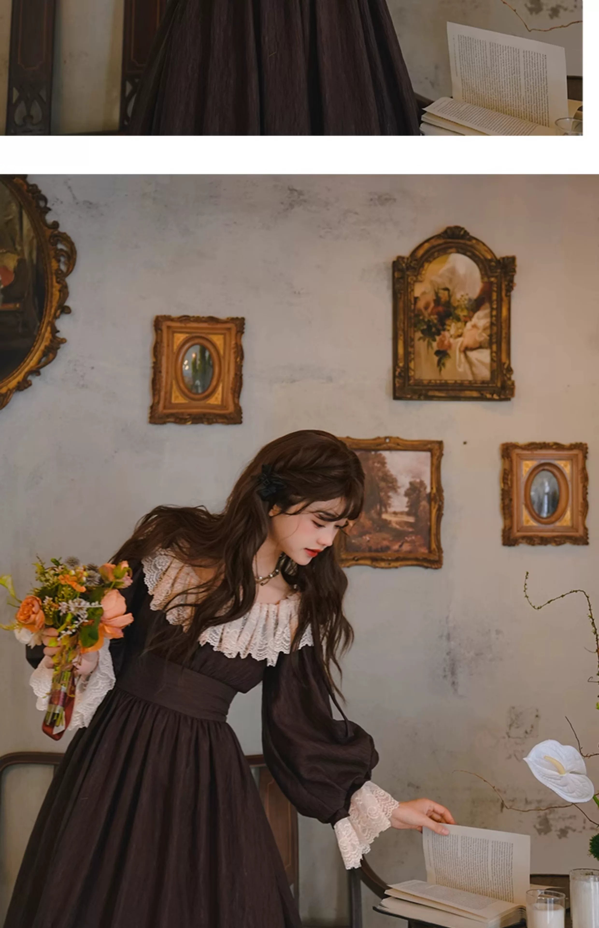 Parisian Women French Court Retro Lace Corset Puff Sleeve Jacquard Texture Dress