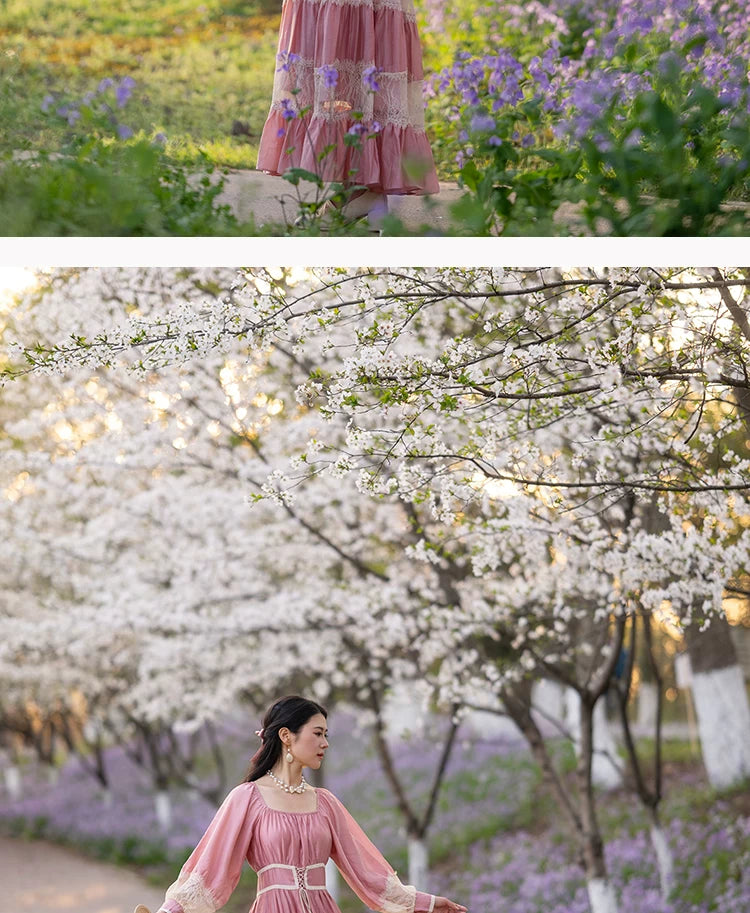 Parisian Long Maxi Women Ladies Dress Full Lantern Sleeve Pink Lace Patchwork 2025 New S-XL Spring Autumn Summer Square Collar