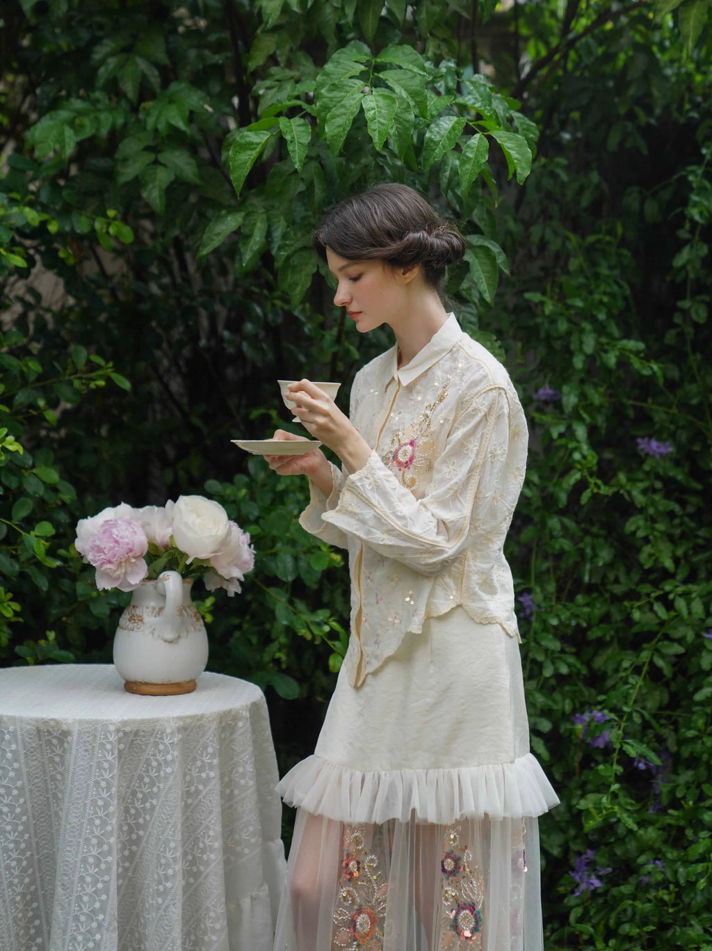 The Aurelia Beaded Gauze Skirt | Hand-Stitched Apricot Maxi | French Flounce Skirt with Ear Fringe | Parisian Princess