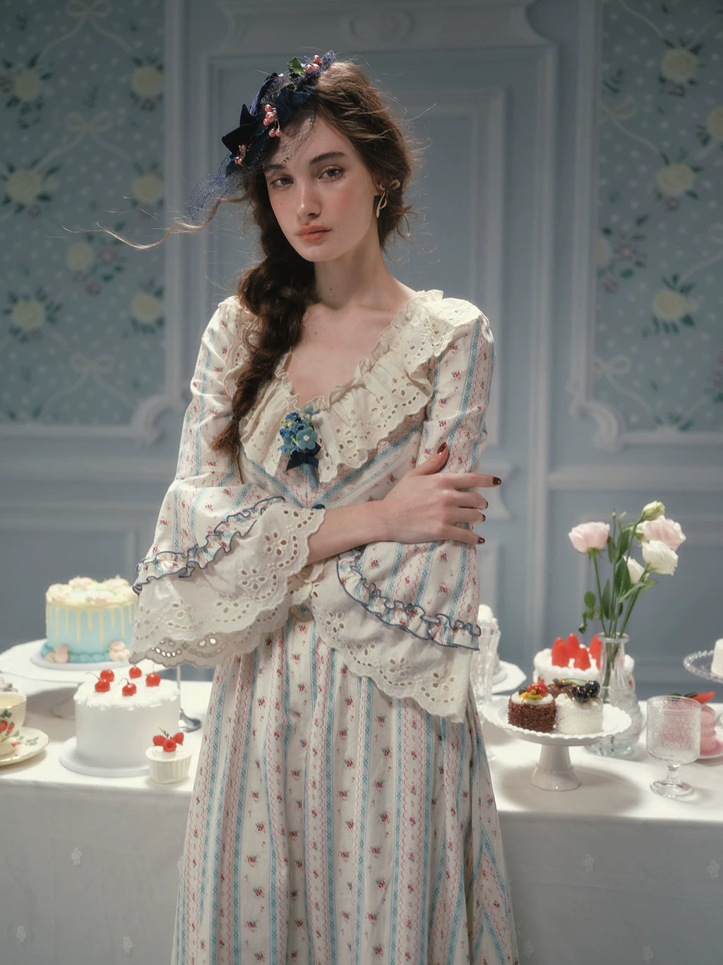 Parisian Cotton Lace Trimmed Women Dress Three Quarter Flare Sleeve Long Maxi Ladies V-Neck XS-XL Vintage High Waist Printed 2026