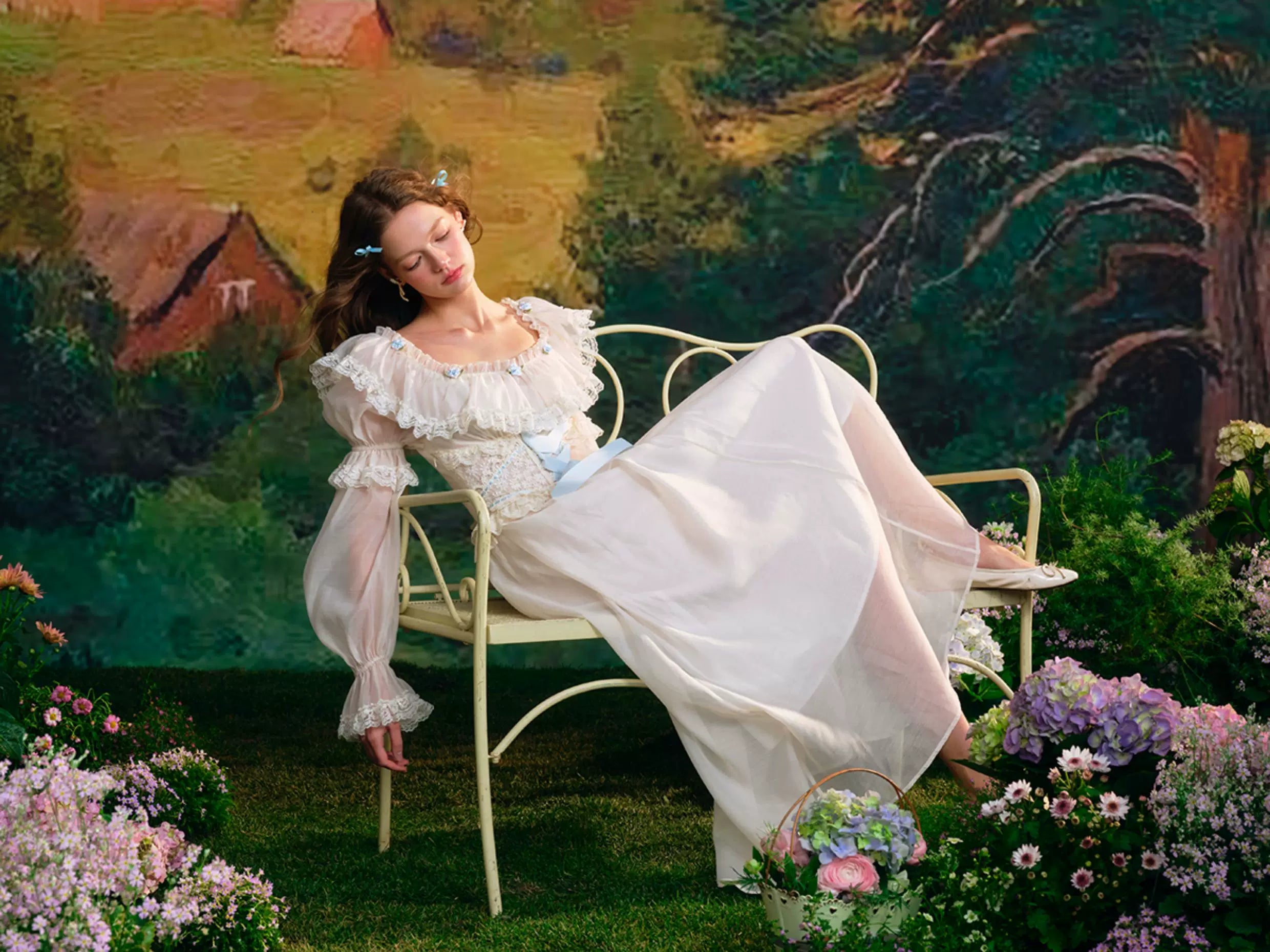 French Countryside Dress Full Lantern Sleeve Long Maxi Ladies XS-XL Vintage High Waist Lace Slash Neck White Lace Up 2025