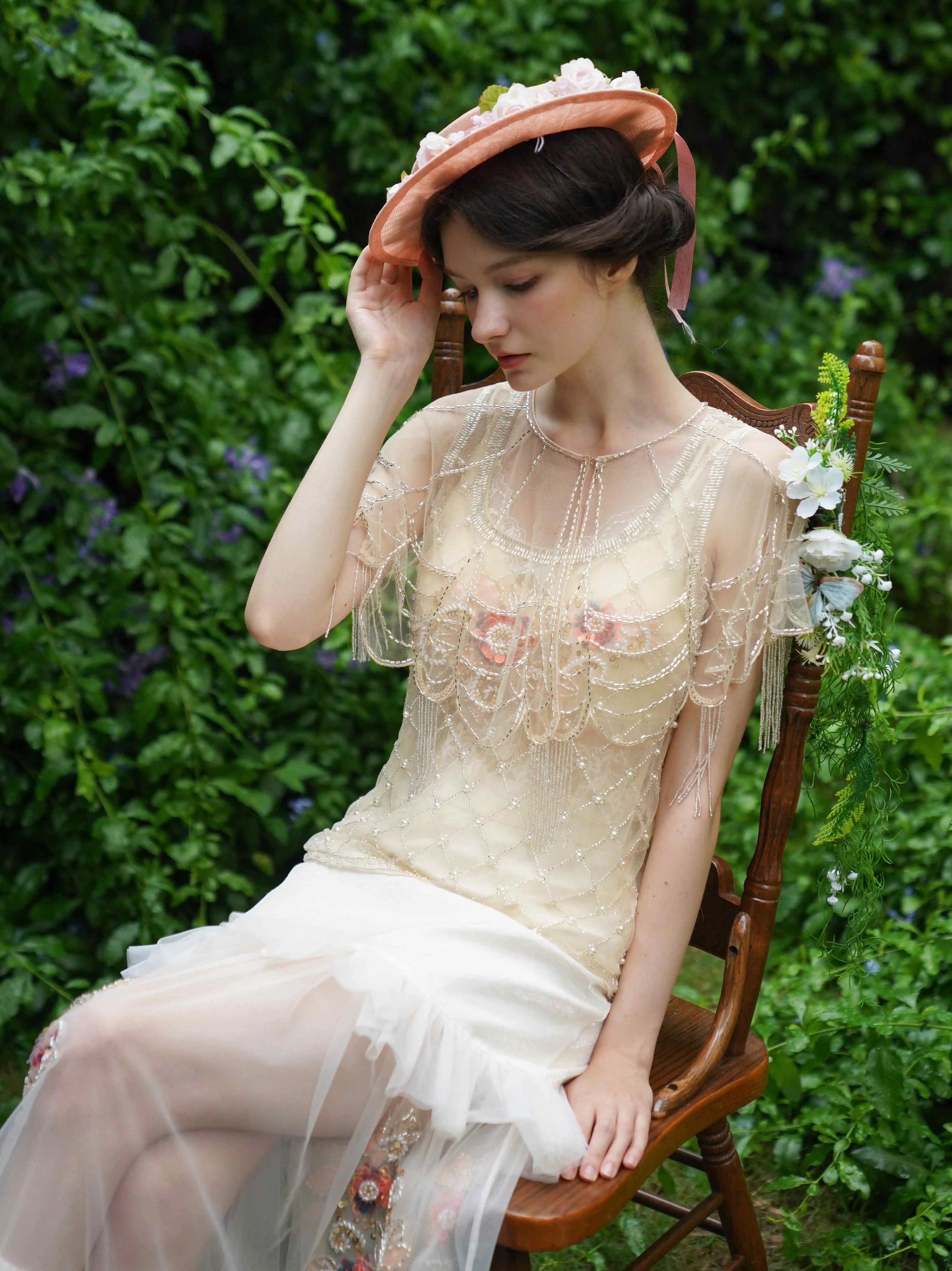 The Aurelia Beaded Gauze Skirt | Hand-Stitched Apricot Maxi | French Flounce Skirt with Ear Fringe | Parisian Princess