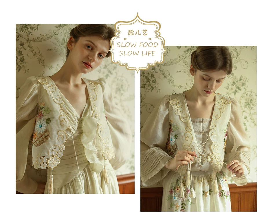 The Trianon Embroidered Vest | French Cotton Floral Waistcoat | Vintage Botanical Tassel Gilet | Parisian Princess