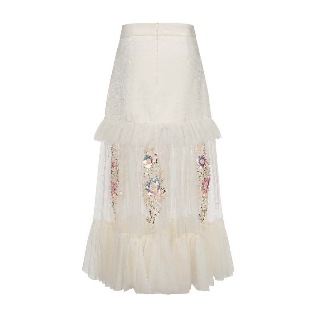 The Aurelia Beaded Gauze Skirt | Hand-Stitched Apricot Maxi | French Flounce Skirt with Ear Fringe | Parisian Princess