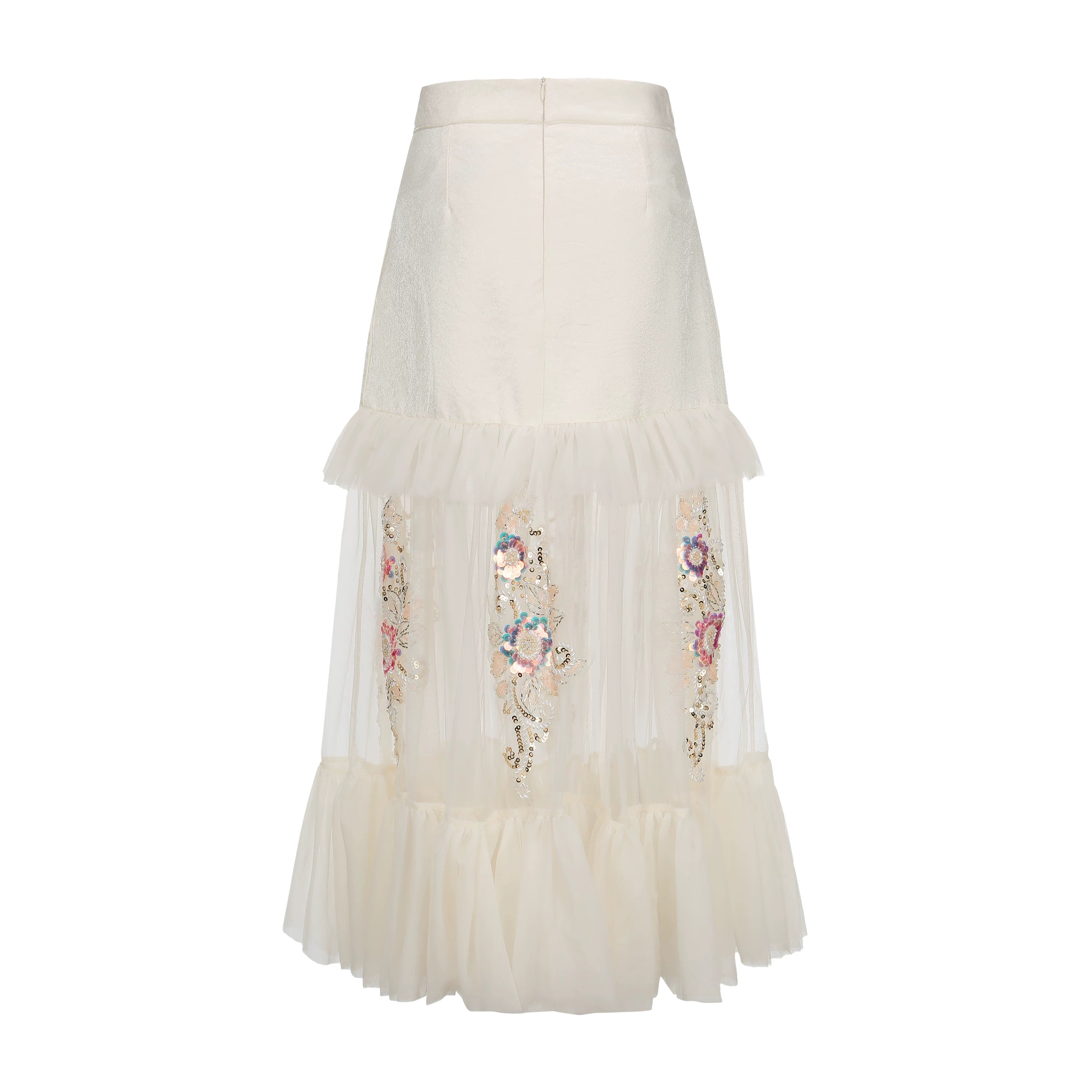 The Aurelia Beaded Gauze Skirt | Hand-Stitched Apricot Maxi | French Flounce Skirt with Ear Fringe | Parisian Princess
