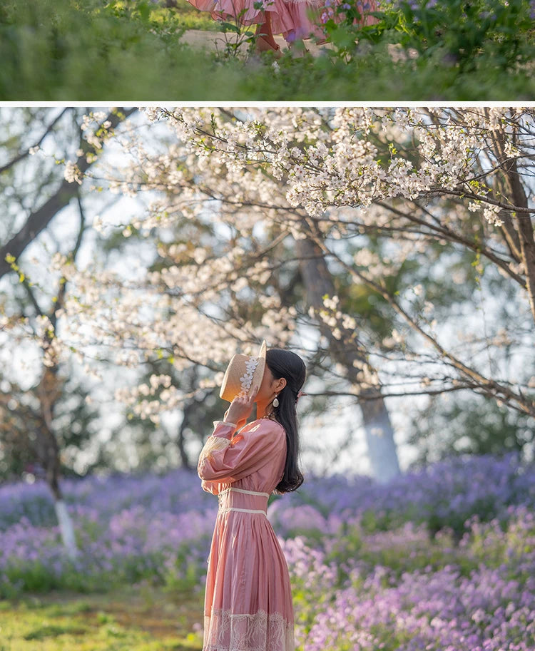 Parisian Long Maxi Women Ladies Dress Full Lantern Sleeve Pink Lace Patchwork 2025 New S-XL Spring Autumn Summer Square Collar