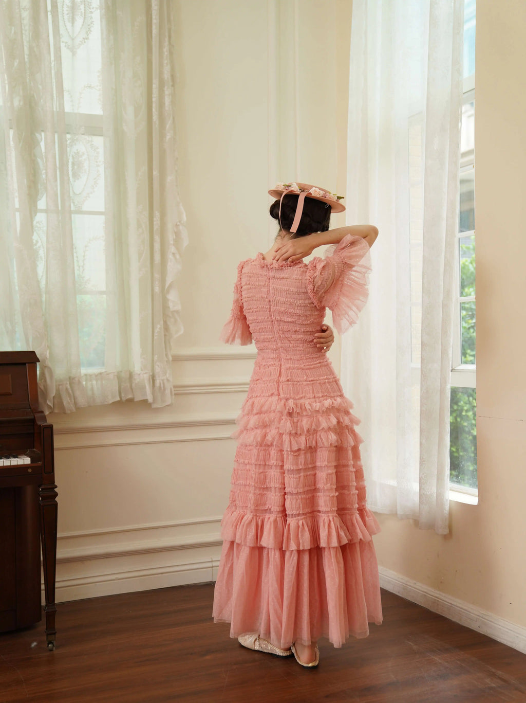 The Candy-Pink Promenade Gown | Hand-Embroidered Tiered Ballgown | Spring Mesh Cake Dress | Parisian Princess