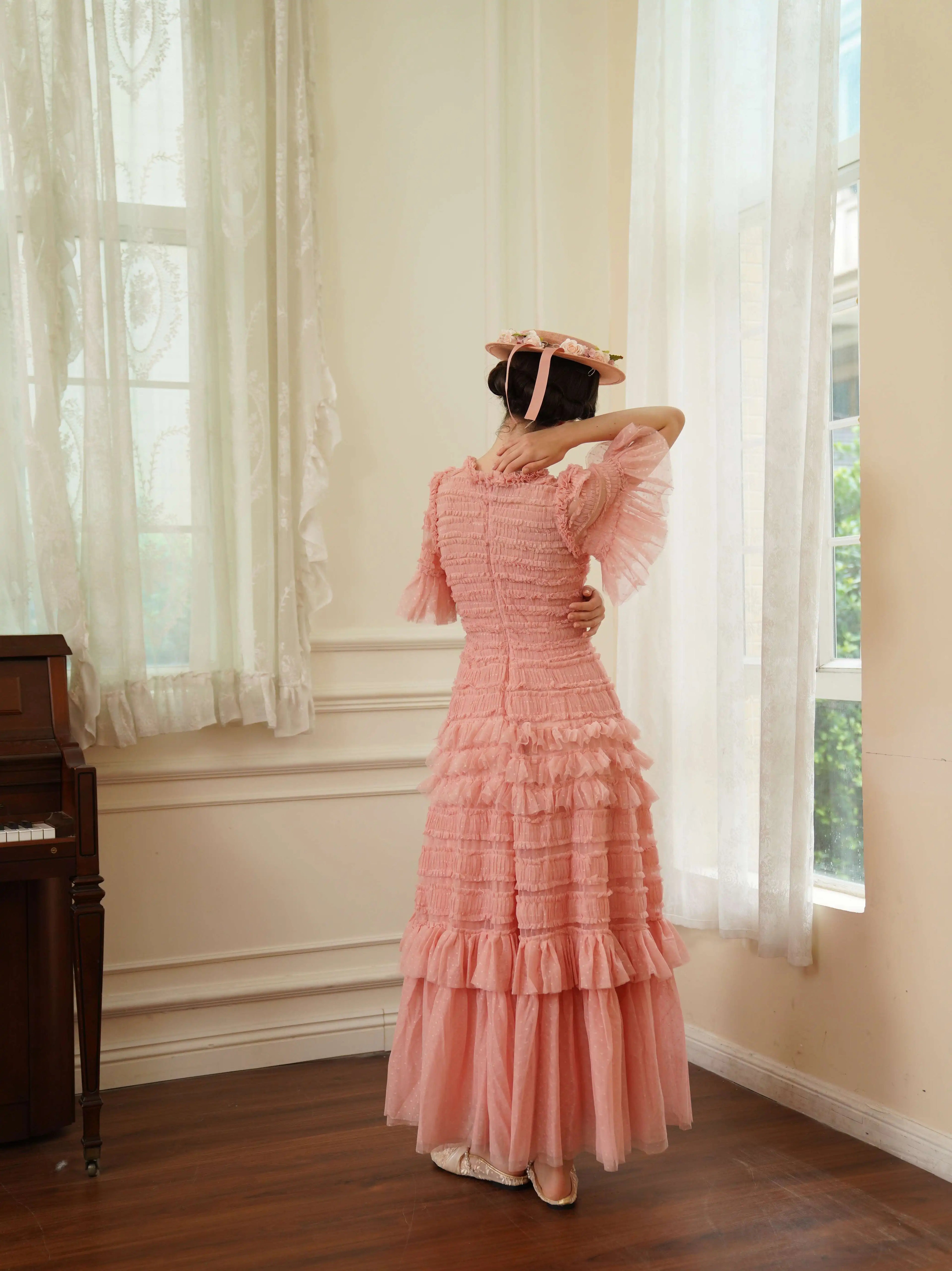 The Candy-Pink Promenade Gown | Hand-Embroidered Tiered Ballgown | Spring Mesh Cake Dress | Parisian Princess
