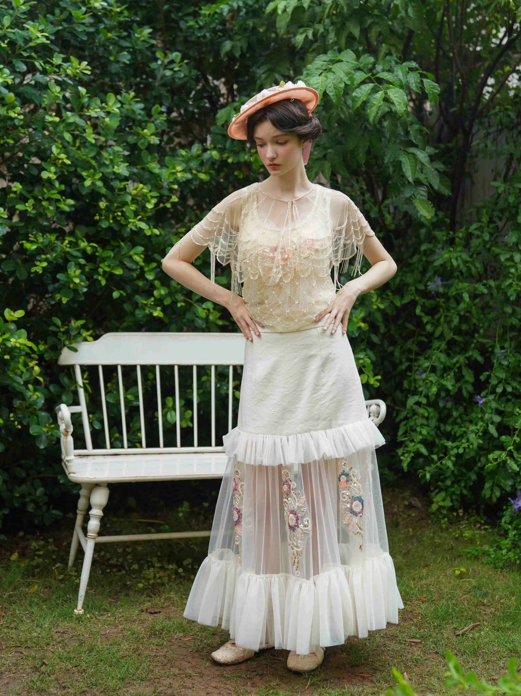 The Aurelia Beaded Gauze Skirt | Hand-Stitched Apricot Maxi | French Flounce Skirt with Ear Fringe | Parisian Princess