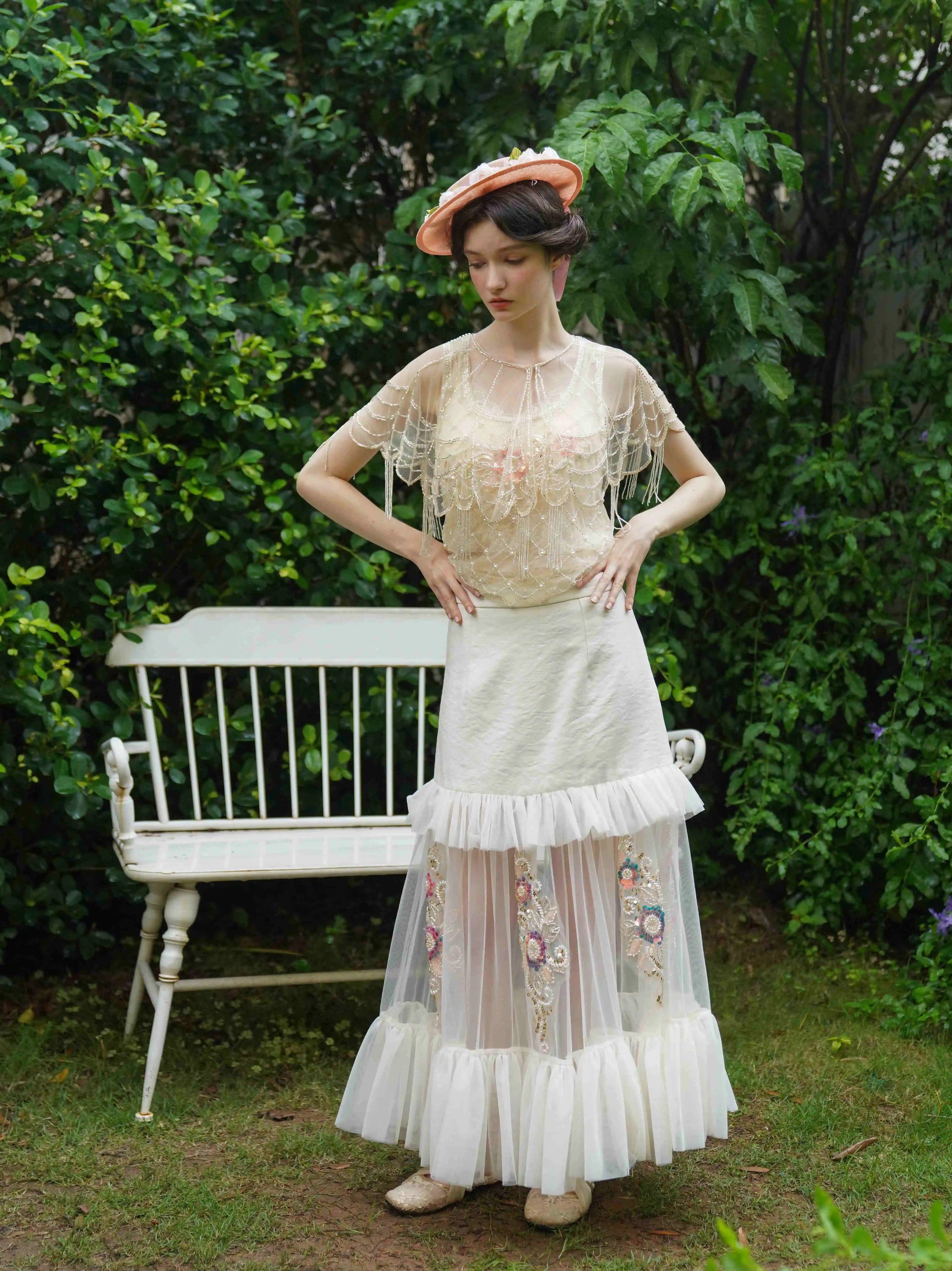 The Aurelia Beaded Gauze Skirt | Hand-Stitched Apricot Maxi | French Flounce Skirt with Ear Fringe | Parisian Princess