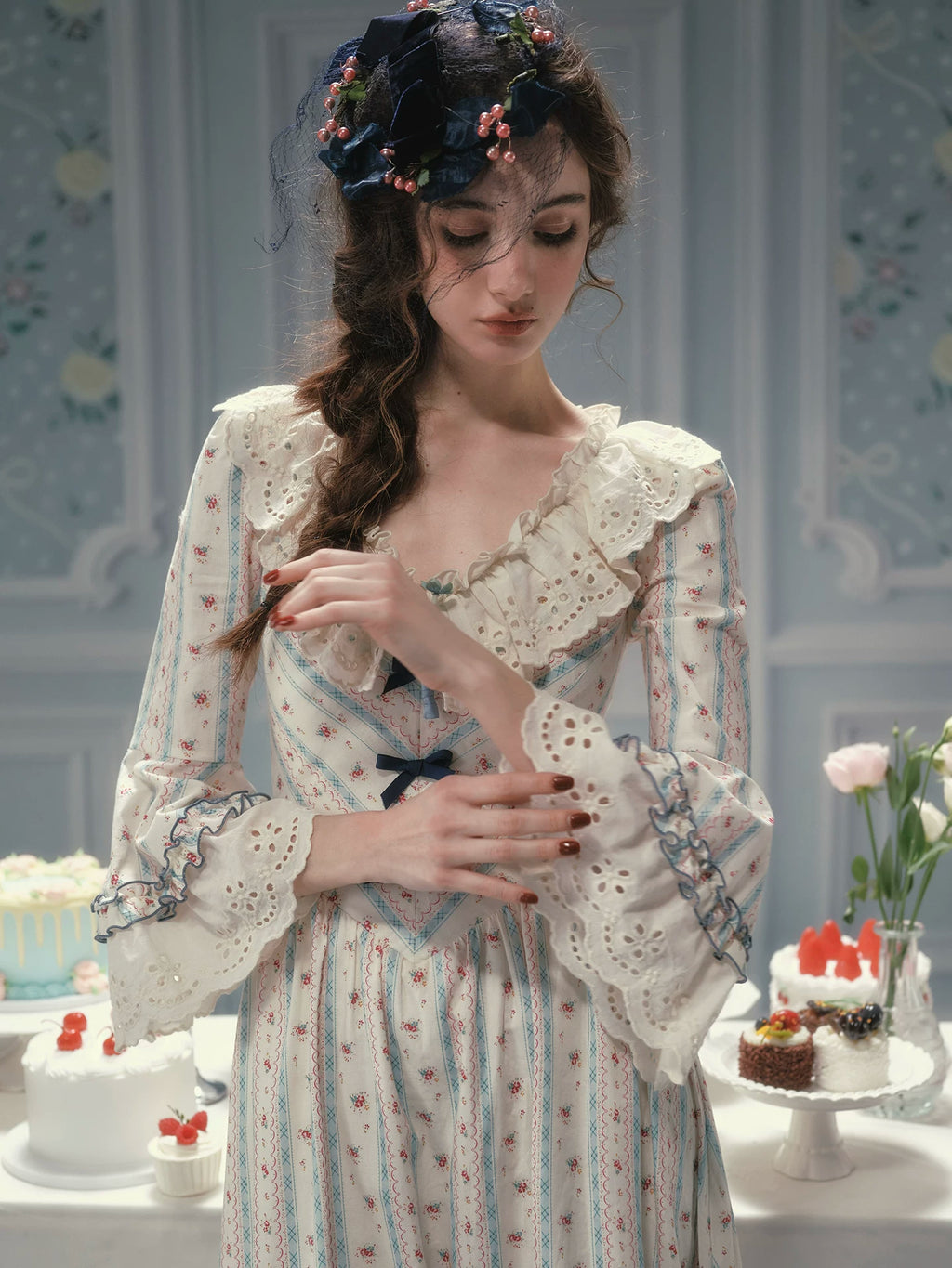 Parisian Cotton Lace Trimmed Women Dress Three Quarter Flare Sleeve Long Maxi Ladies V-Neck XS-XL Vintage High Waist Printed 2026