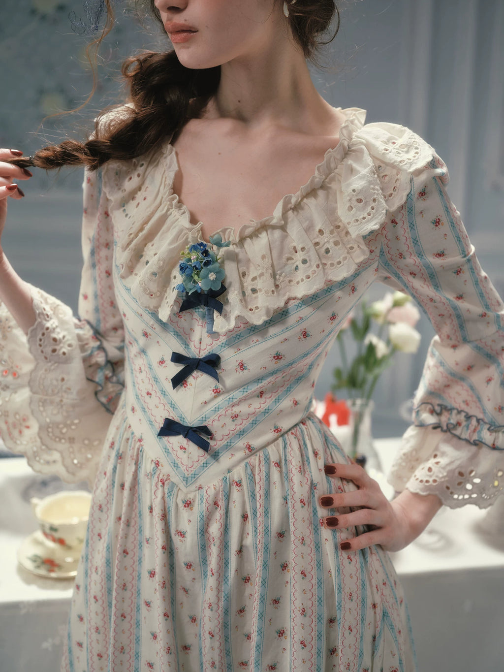 Parisian Cotton Lace Trimmed Women Dress Three Quarter Flare Sleeve Long Maxi Ladies V-Neck XS-XL Vintage High Waist Printed 2026