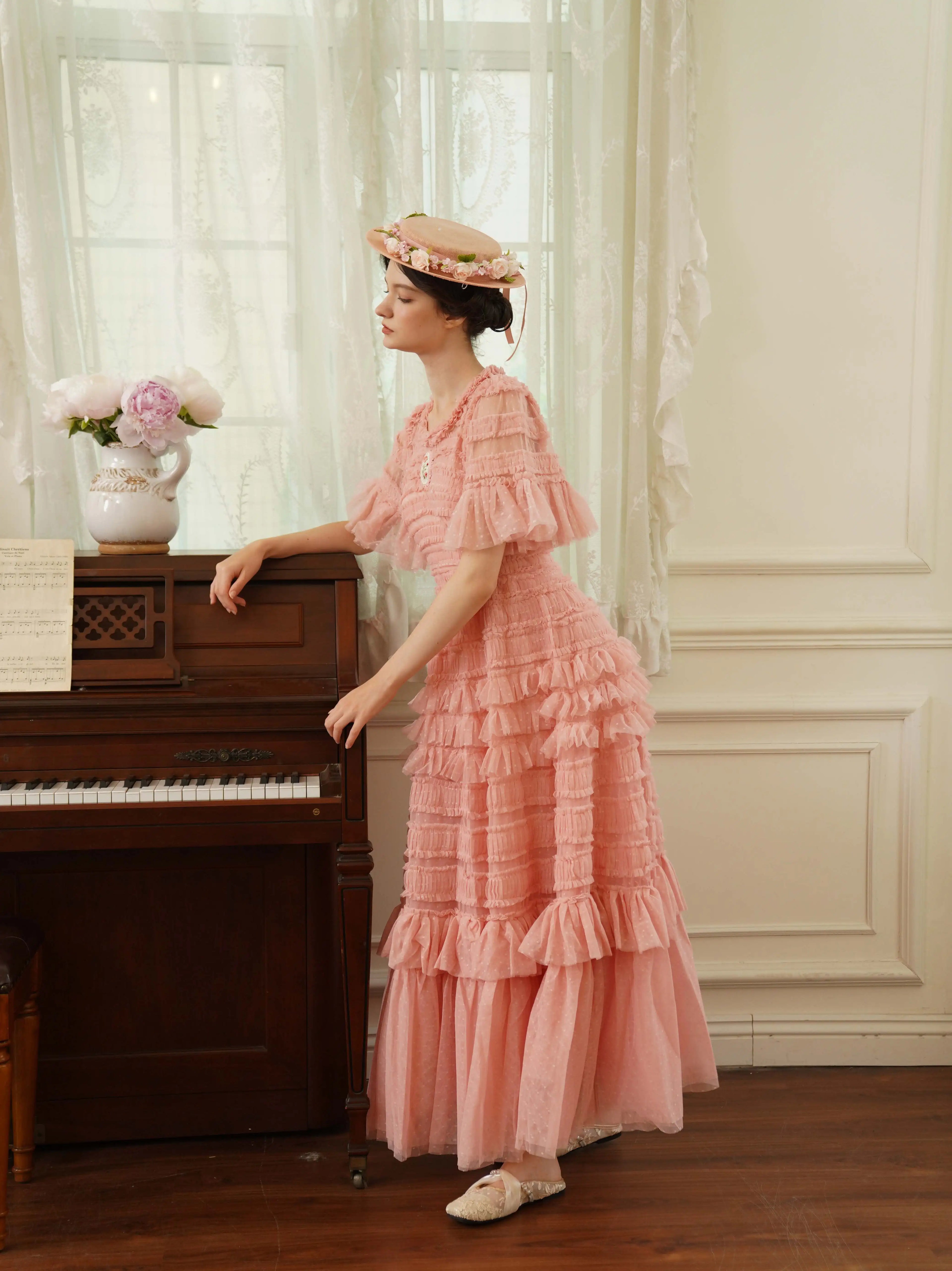 The Candy-Pink Promenade Gown | Hand-Embroidered Tiered Ballgown | Spring Mesh Cake Dress | Parisian Princess