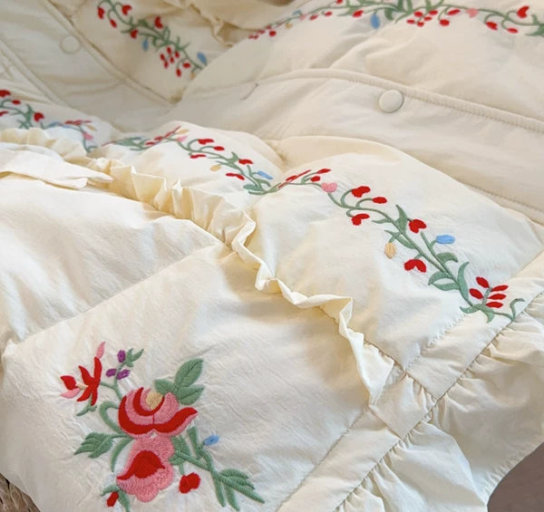 Parisian Women Full Sleeve Long Mid-Calf Thick Outerwear Hoode Zipper Down Jacket Embroidery Warm Coats Japanese Style