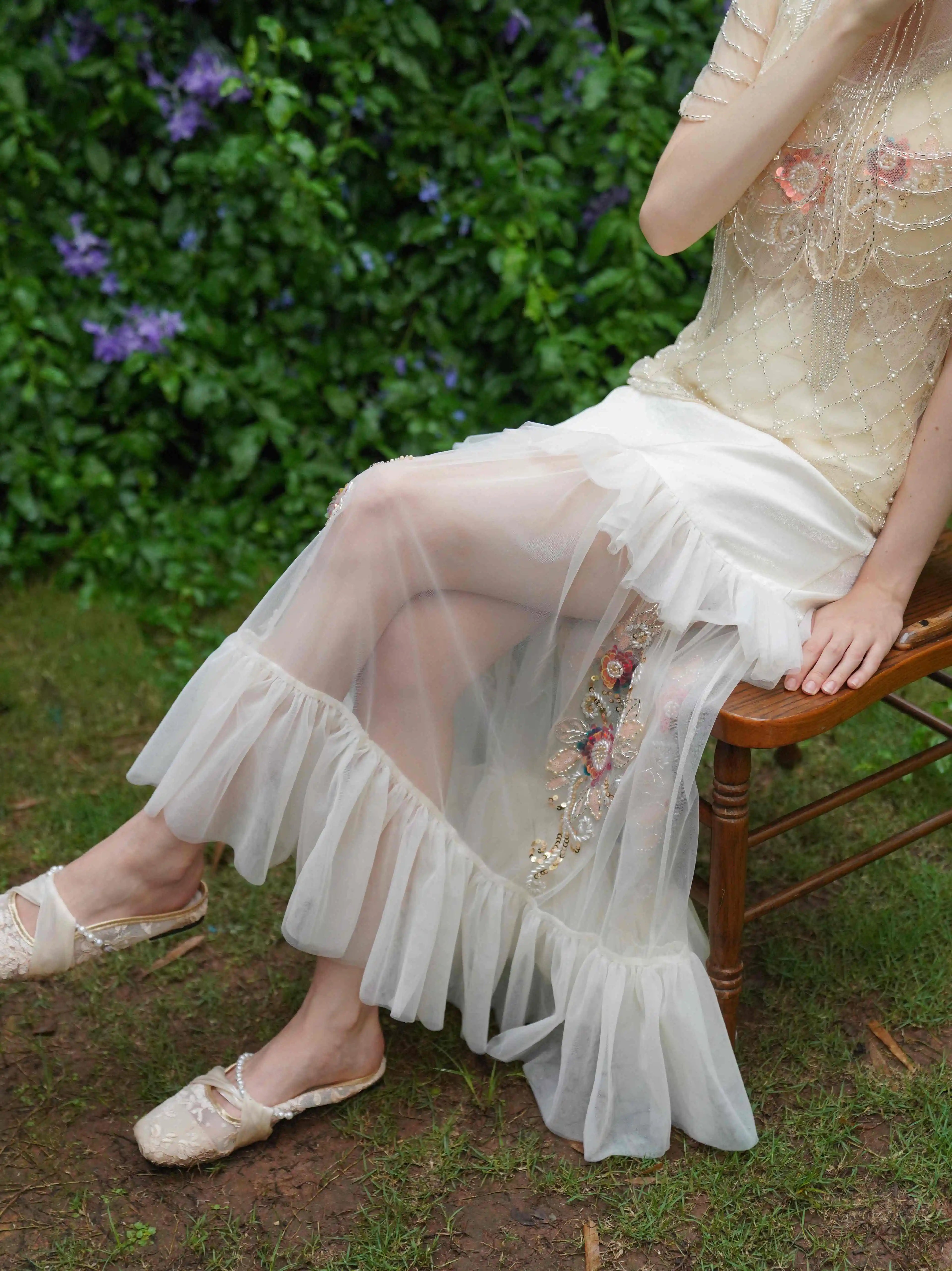 The Aurelia Beaded Gauze Skirt | Hand-Stitched Apricot Maxi | French Flounce Skirt with Ear Fringe | Parisian Princess