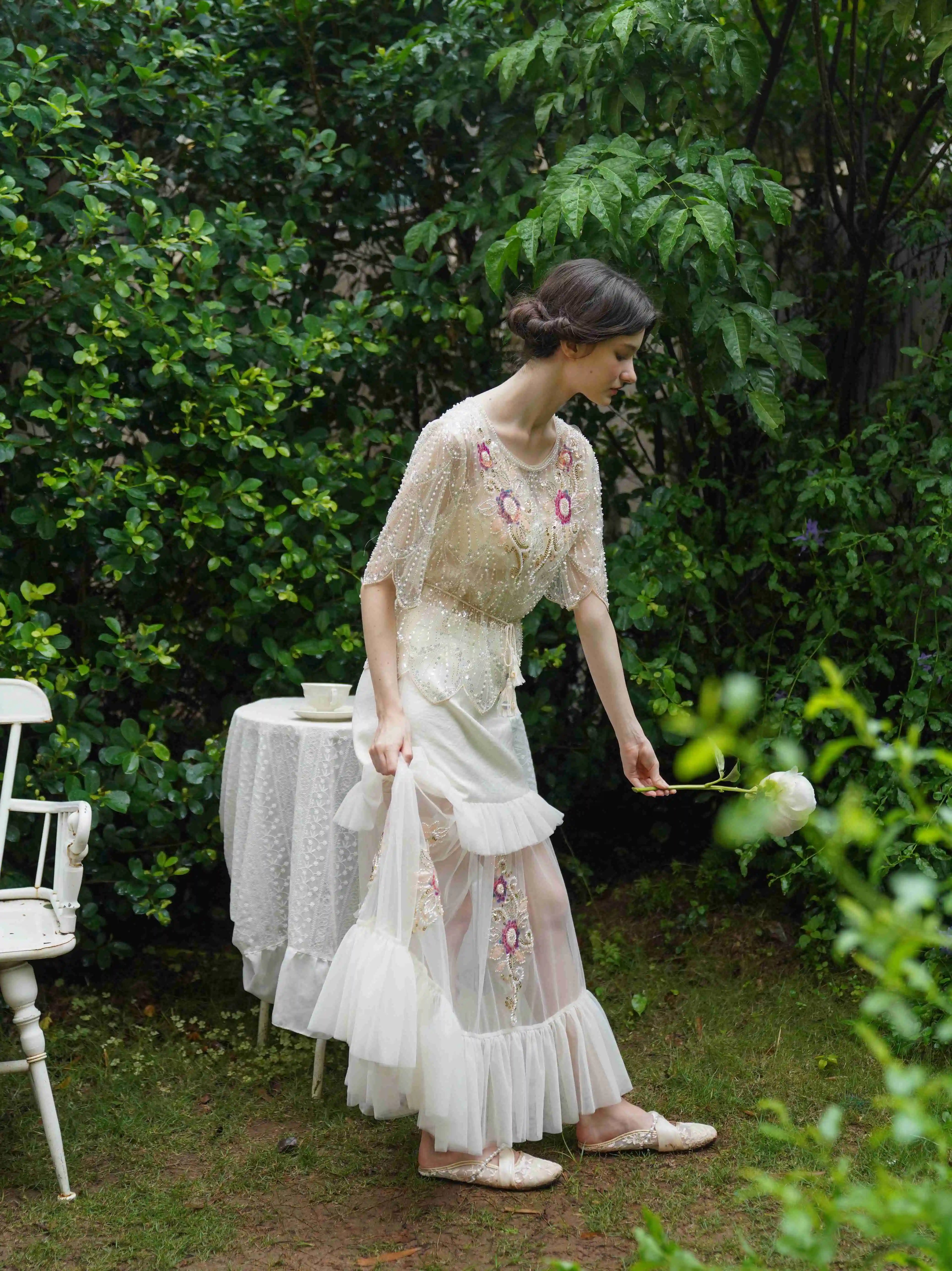 The Aurelia Beaded Gauze Skirt | Hand-Stitched Apricot Maxi | French Flounce Skirt with Ear Fringe | Parisian Princess