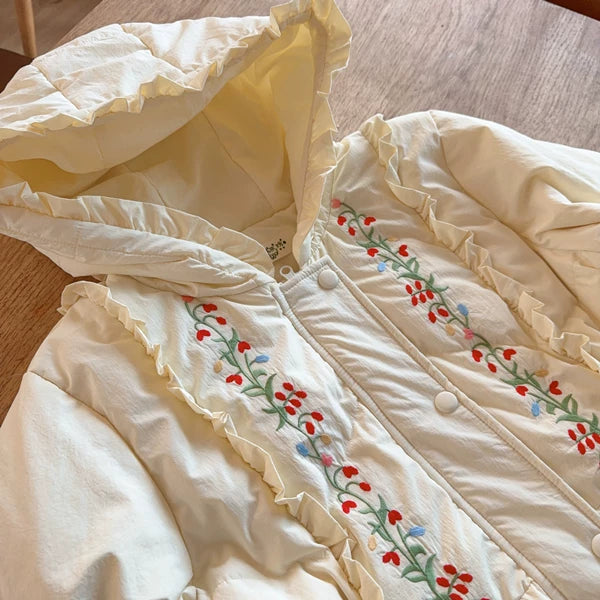 Parisian Women Full Sleeve Long Mid-Calf Thick Outerwear Hoode Zipper Down Jacket Embroidery Warm Coats Japanese Style