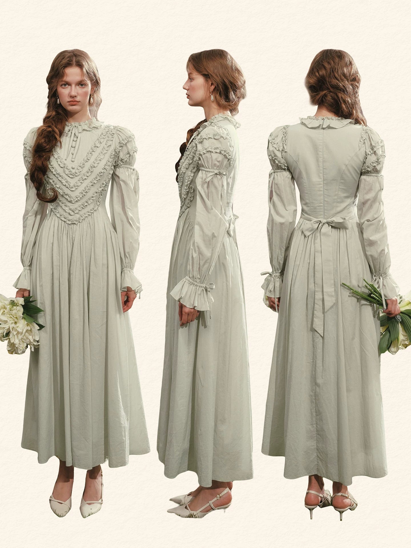 Parisian Princess French Dress Full Lantern Sleeve Long Maxi Ladies XS-XL Vintage High Waist 100% Cotton Lace Up 2025 New