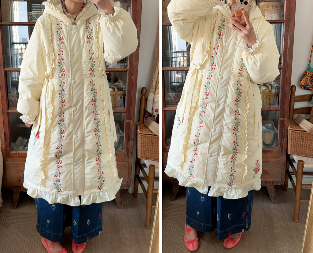 Parisian Women Full Sleeve Long Mid-Calf Thick Outerwear Hoode Zipper Down Jacket Embroidery Warm Coats Japanese Style