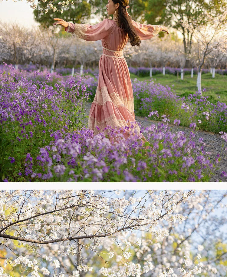 Parisian Long Maxi Women Ladies Dress Full Lantern Sleeve Pink Lace Patchwork 2025 New S-XL Spring Autumn Summer Square Collar