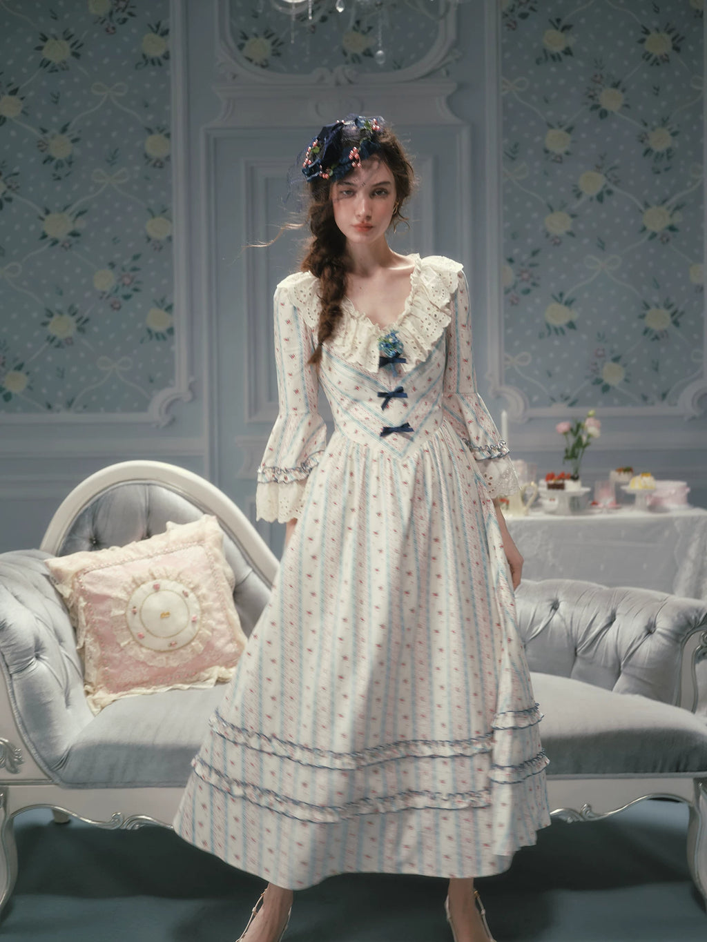 Parisian Cotton Lace Trimmed Women Dress Three Quarter Flare Sleeve Long Maxi Ladies V-Neck XS-XL Vintage High Waist Printed 2026