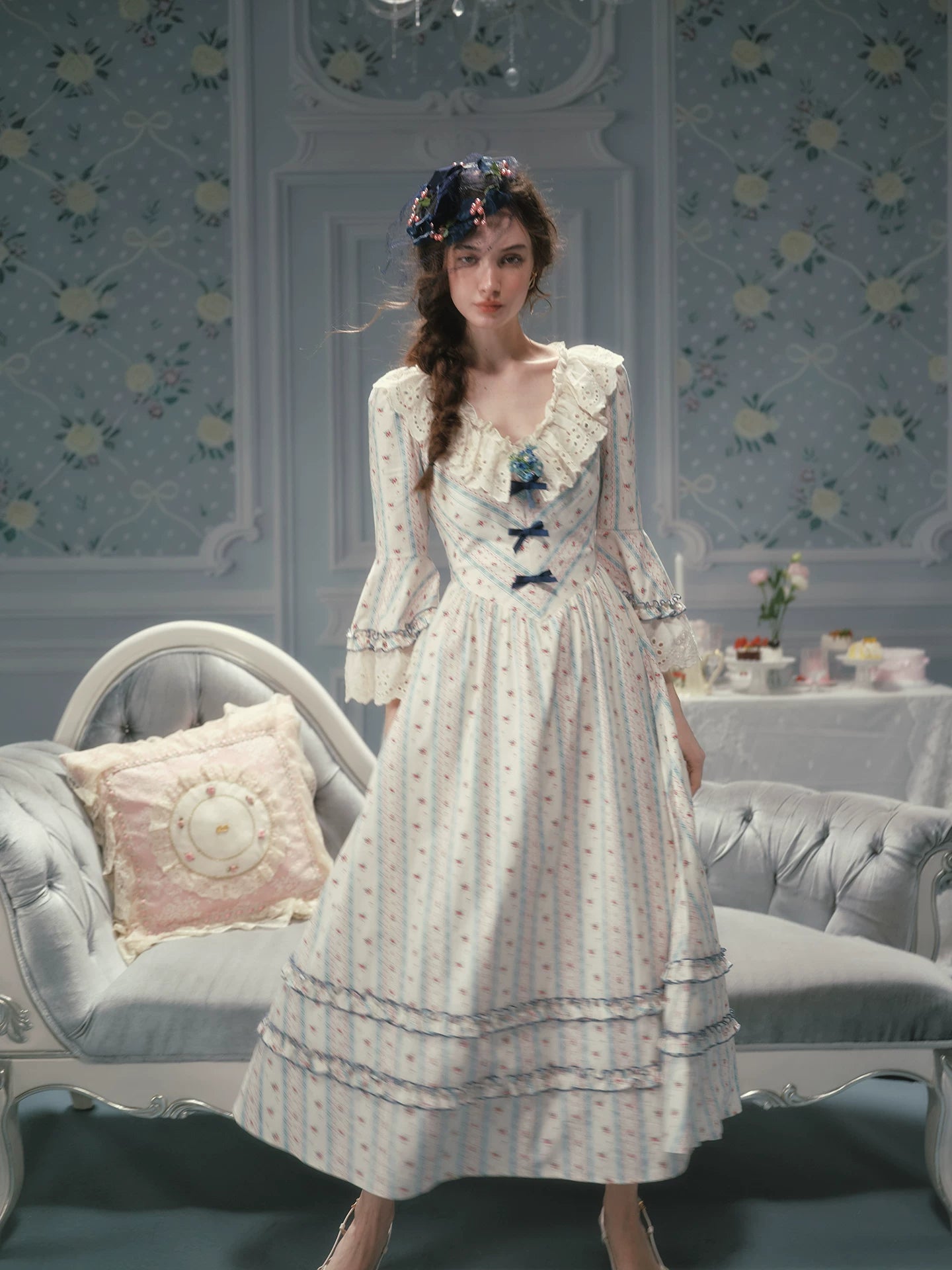 Parisian Cotton Lace Trimmed Women Dress Three Quarter Flare Sleeve Long Maxi Ladies V-Neck XS-XL Vintage High Waist Printed 2026