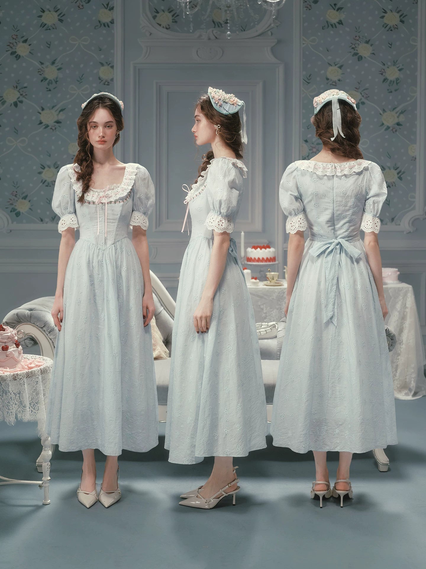 The La Croix Blue Lace Gown | Cotton Brocade Puff Sleeve Dress | Vintage Square Collar Midi | Parisian Princess