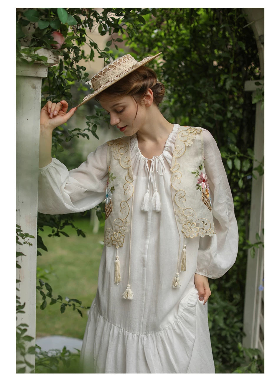 The Trianon Embroidered Vest | French Cotton Floral Waistcoat | Vintage Botanical Tassel Gilet | Parisian Princess