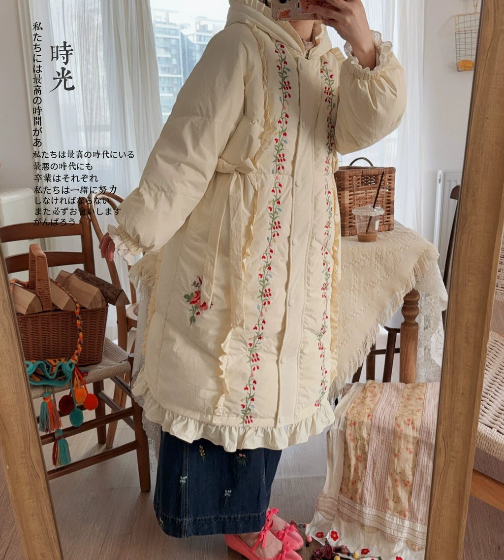 Parisian Women Full Sleeve Long Mid-Calf Thick Outerwear Hoode Zipper Down Jacket Embroidery Warm Coats Japanese Style