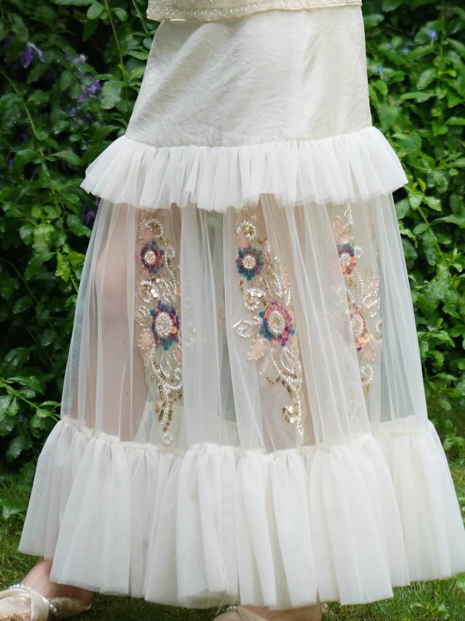 The Aurelia Beaded Gauze Skirt | Hand-Stitched Apricot Maxi | French Flounce Skirt with Ear Fringe | Parisian Princess