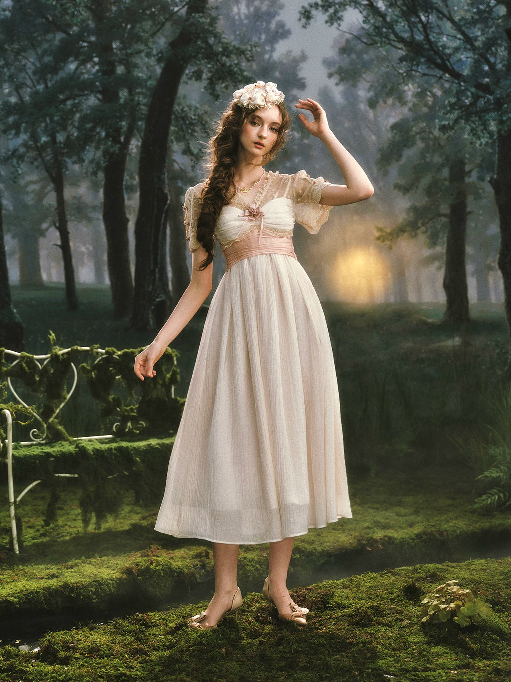 The Tuileries Chiffon Gown | French V-Neck Lace-Up Maxi | Trumpet Empire Waist Dress | Parisian Princess