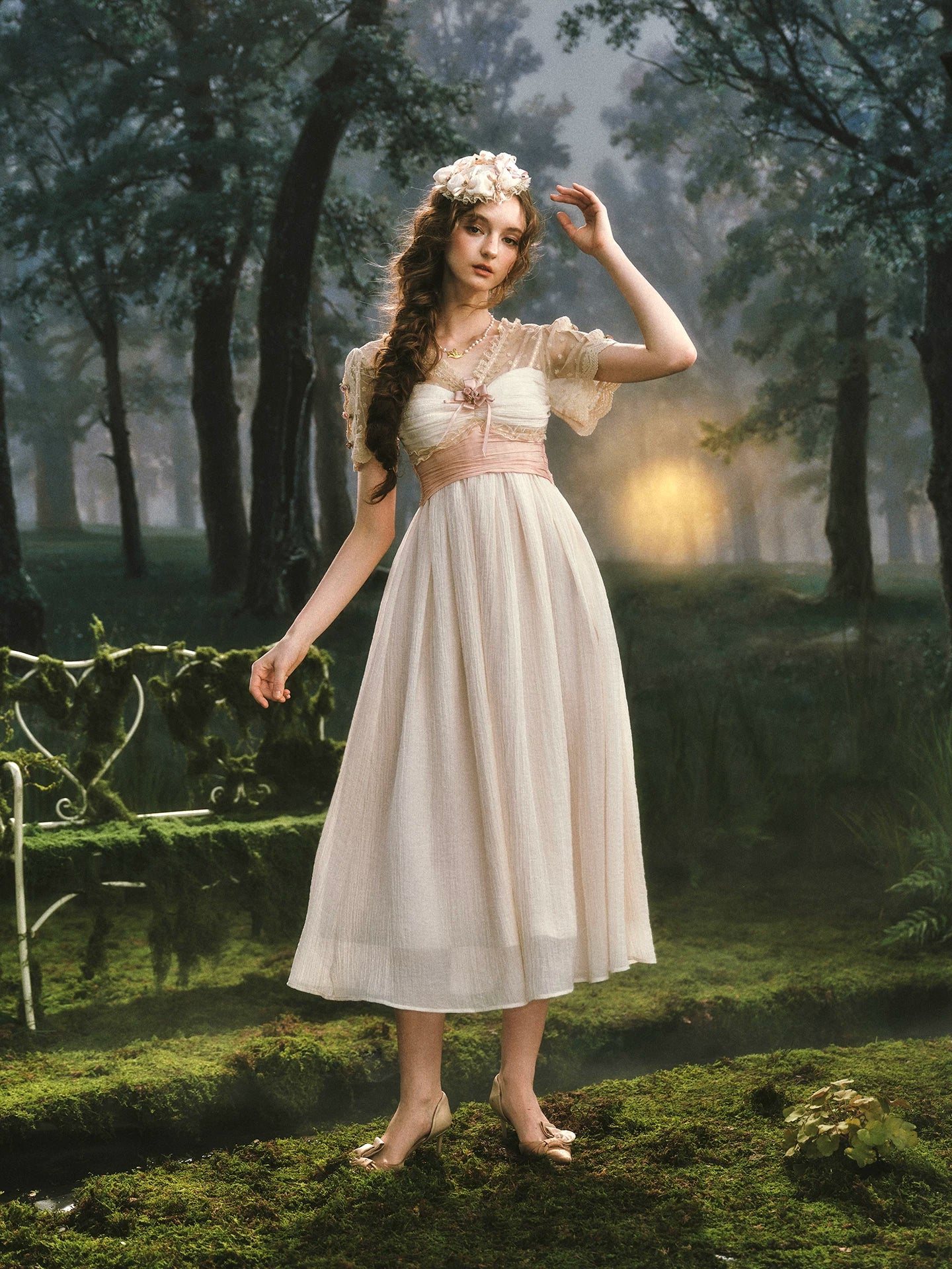 The Tuileries Chiffon Gown | French V-Neck Lace-Up Maxi | Trumpet Empire Waist Dress | Parisian Princess