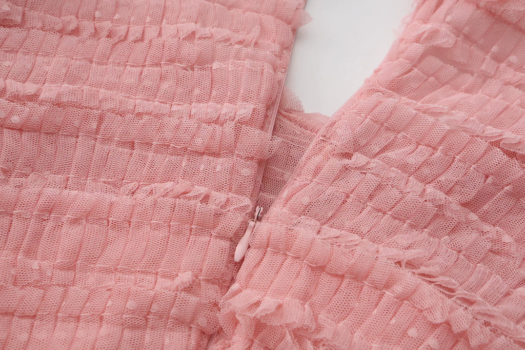 The Candy-Pink Promenade Gown | Hand-Embroidered Tiered Ballgown | Spring Mesh Cake Dress | Parisian Princess