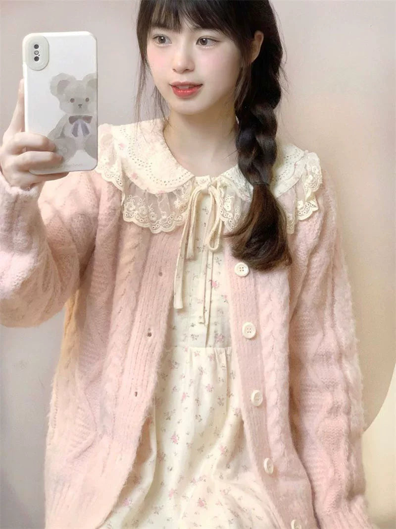 Autumn Winter Parisian Sweet Super Fairy Knitting Cardigan Sweater Outwear + Doll Collar Floral Dress Two-piece Set Women's Clothing