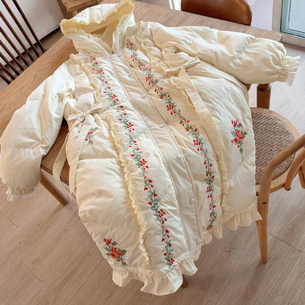 Parisian Women Full Sleeve Long Mid-Calf Thick Outerwear Hoode Zipper Down Jacket Embroidery Warm Coats Japanese Style