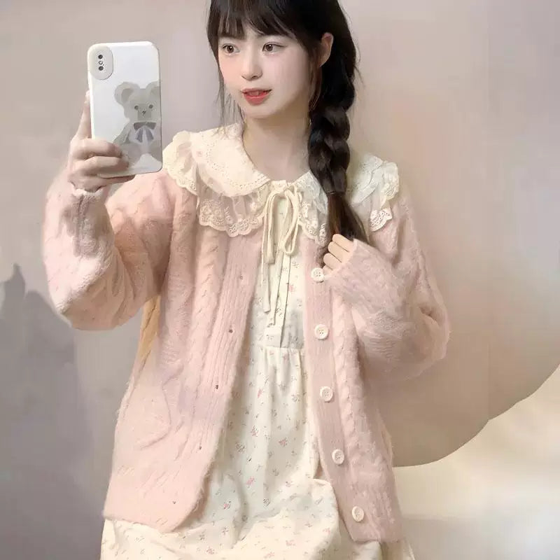 Autumn Winter Parisian Sweet Super Fairy Knitting Cardigan Sweater Outwear + Doll Collar Floral Dress Two-piece Set Women's Clothing