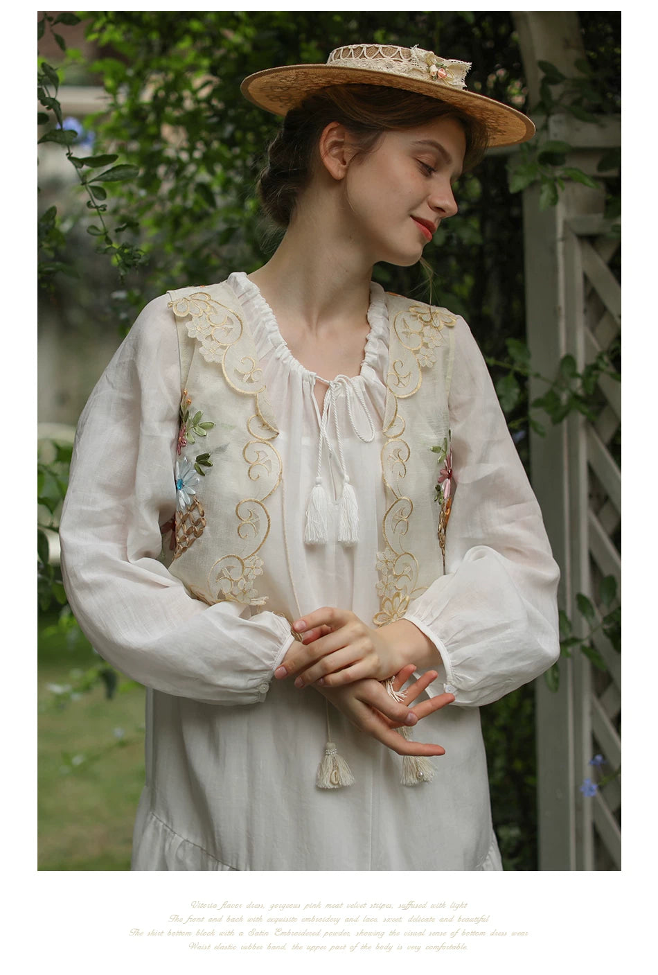The Trianon Embroidered Vest | French Cotton Floral Waistcoat | Vintage Botanical Tassel Gilet | Parisian Princess