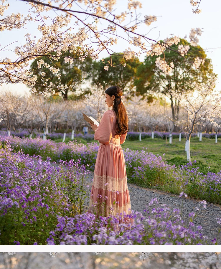 Parisian Long Maxi Women Ladies Dress Full Lantern Sleeve Pink Lace Patchwork 2025 New S-XL Spring Autumn Summer Square Collar