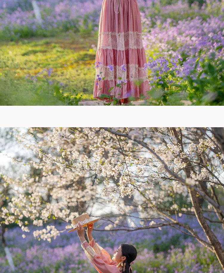 Parisian Long Maxi Women Ladies Dress Full Lantern Sleeve Pink Lace Patchwork 2025 New S-XL Spring Autumn Summer Square Collar