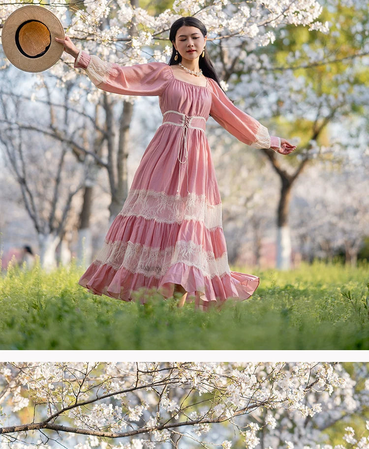 Parisian Long Maxi Women Ladies Dress Full Lantern Sleeve Pink Lace Patchwork 2025 New S-XL Spring Autumn Summer Square Collar