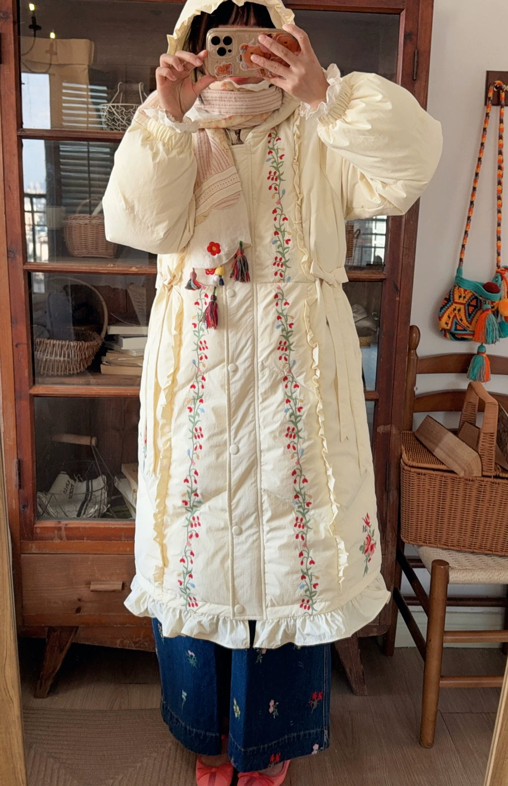 Parisian Women Full Sleeve Long Mid-Calf Thick Outerwear Hoode Zipper Down Jacket Embroidery Warm Coats Japanese Style