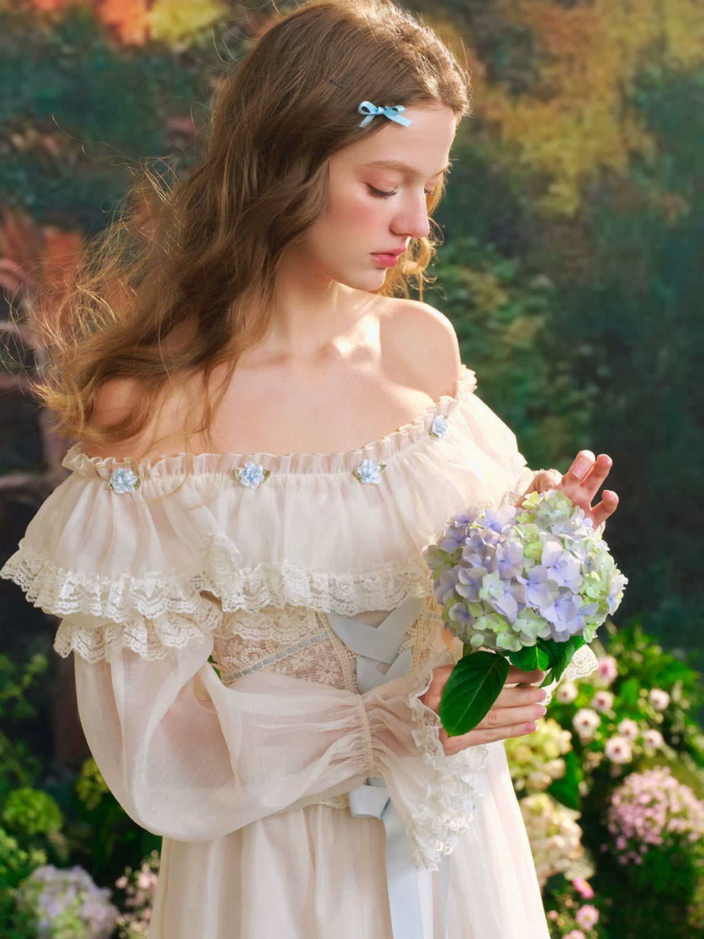 French Countryside Dress Full Lantern Sleeve Long Maxi Ladies XS-XL Vintage High Waist Lace Slash Neck White Lace Up 2025