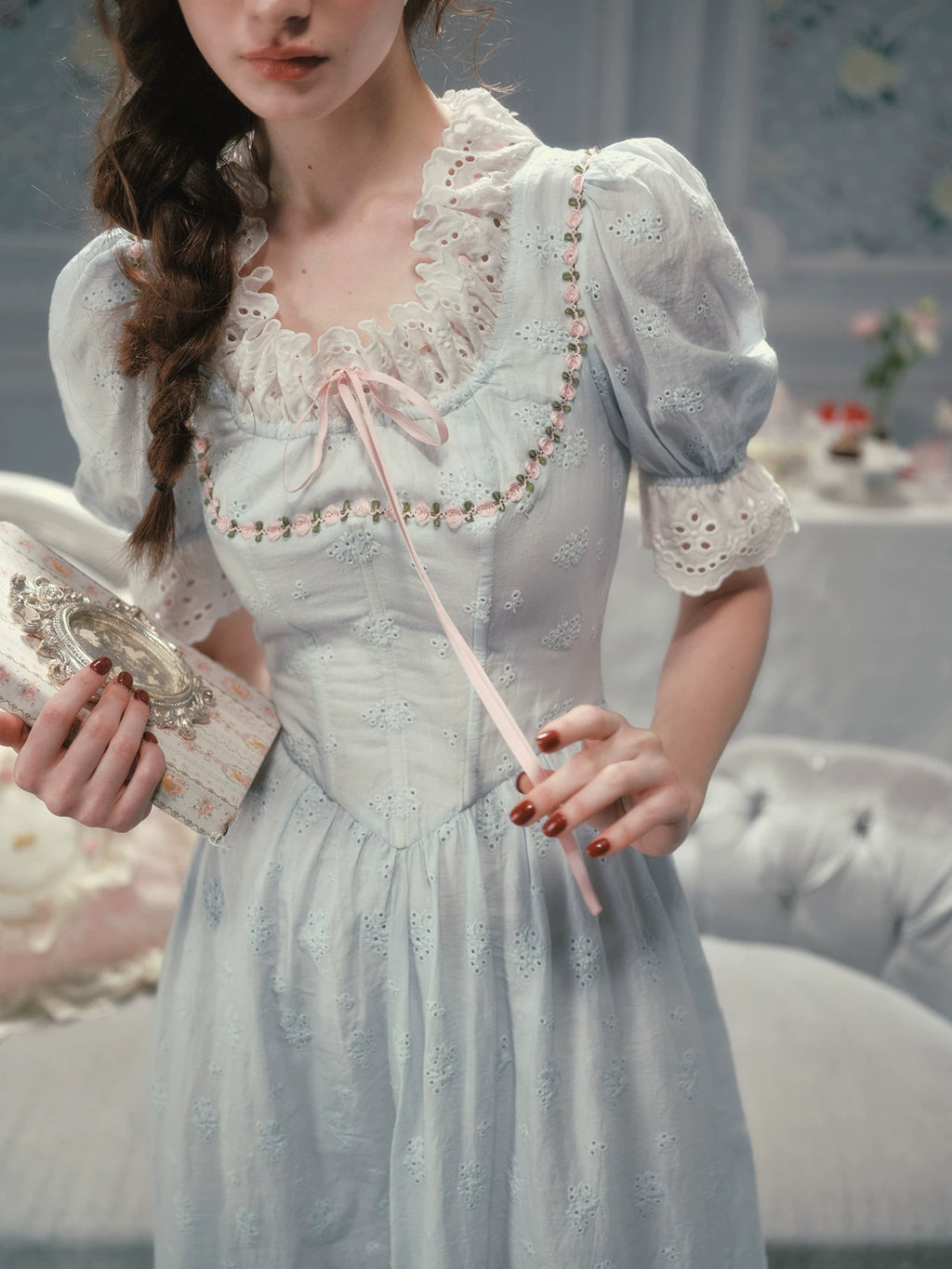 The La Croix Blue Lace Gown | Cotton Brocade Puff Sleeve Dress | Vintage Square Collar Midi | Parisian Princess