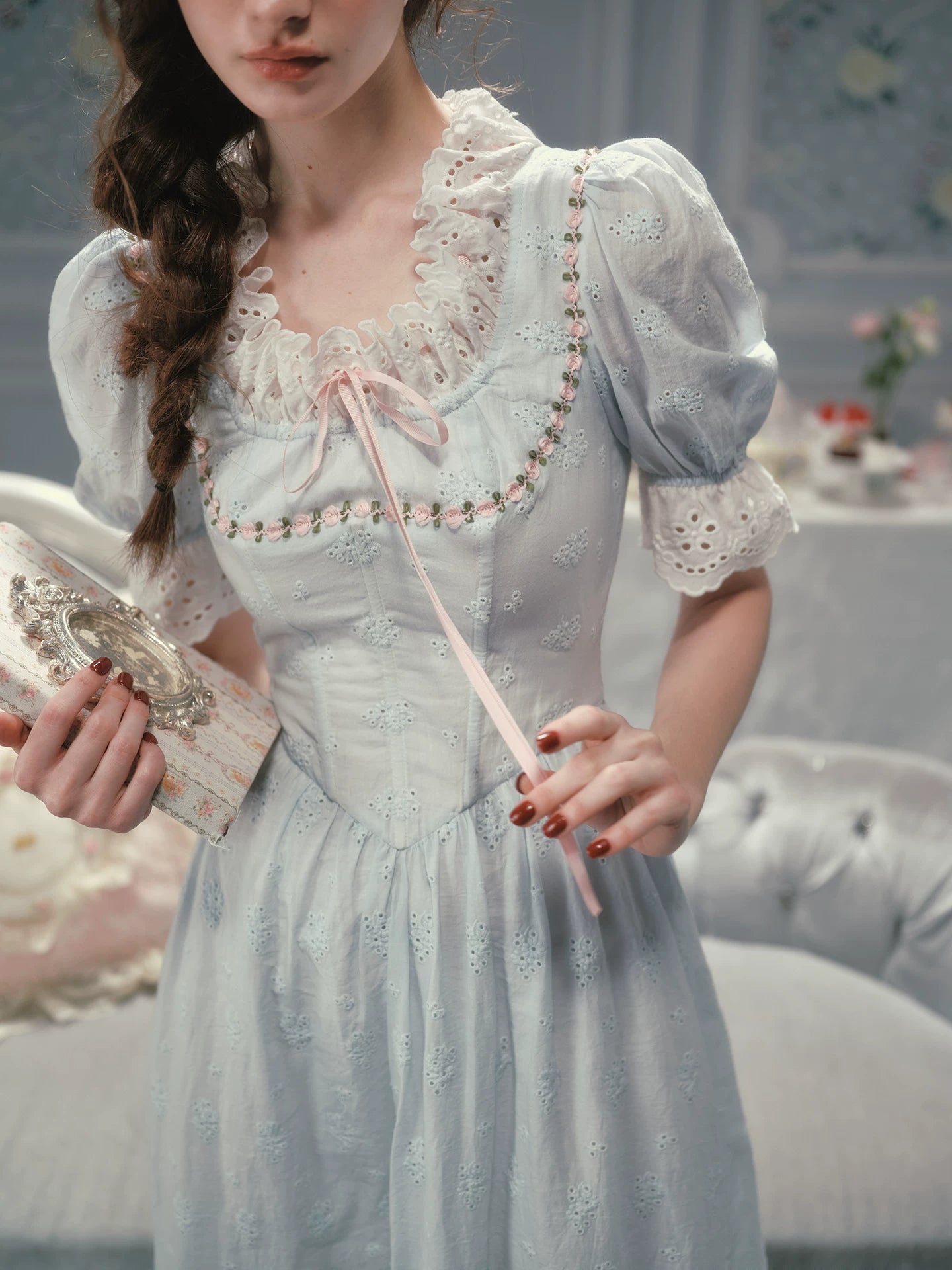 The La Croix Blue Lace Gown | Cotton Brocade Puff Sleeve Dress | Vintage Square Collar Midi | Parisian Princess