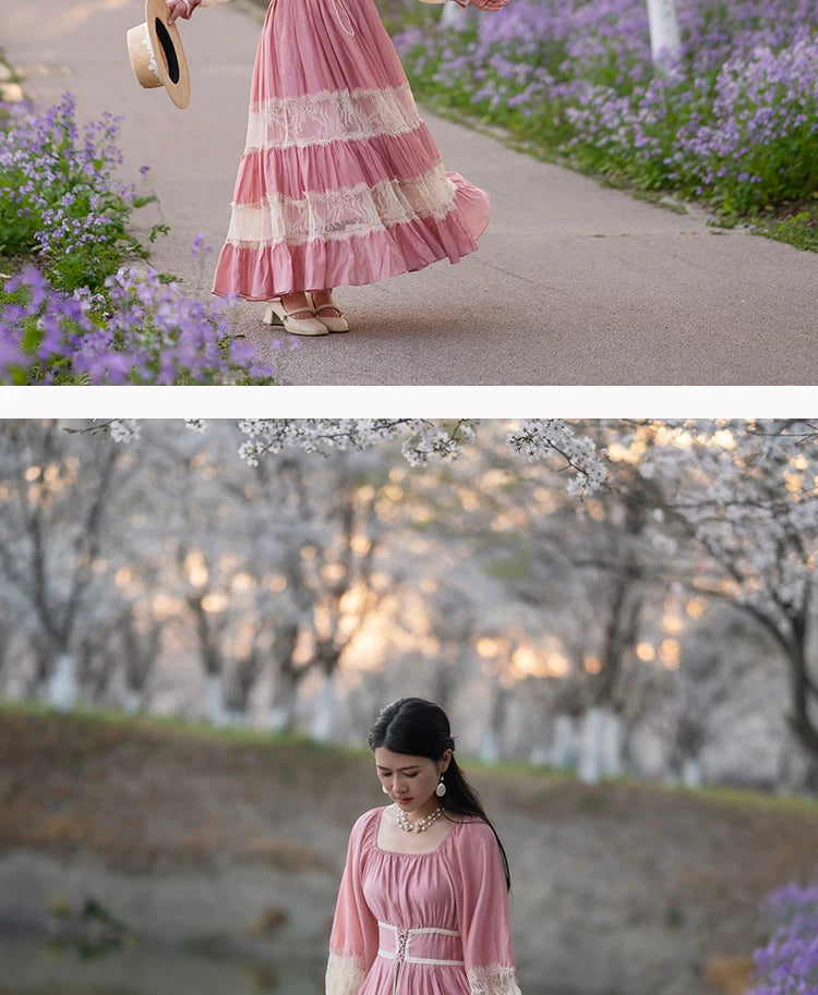 Parisian Long Maxi Women Ladies Dress Full Lantern Sleeve Pink Lace Patchwork 2025 New S-XL Spring Autumn Summer Square Collar