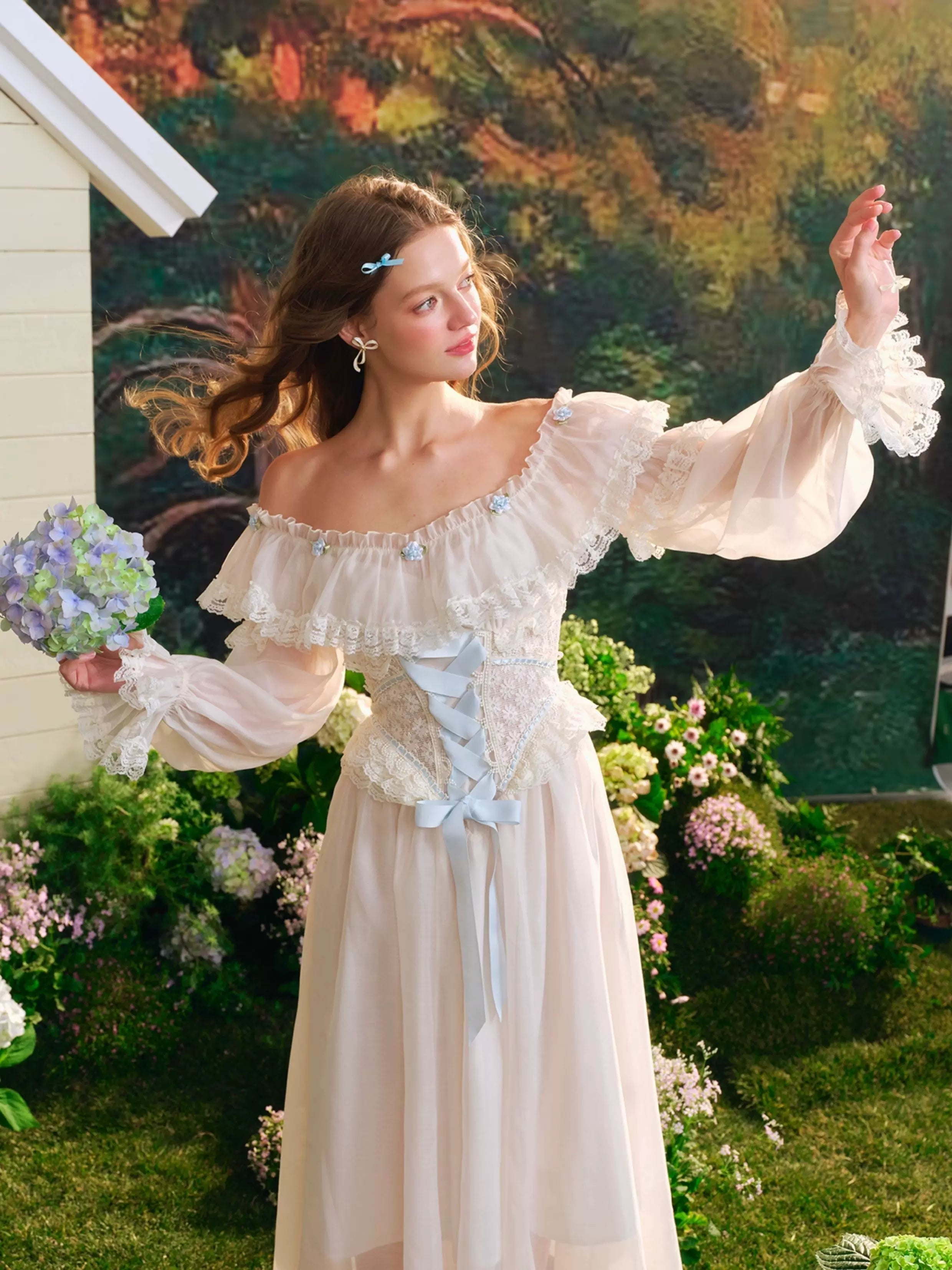 French Countryside Dress Full Lantern Sleeve Long Maxi Ladies XS-XL Vintage High Waist Lace Slash Neck White Lace Up 2025