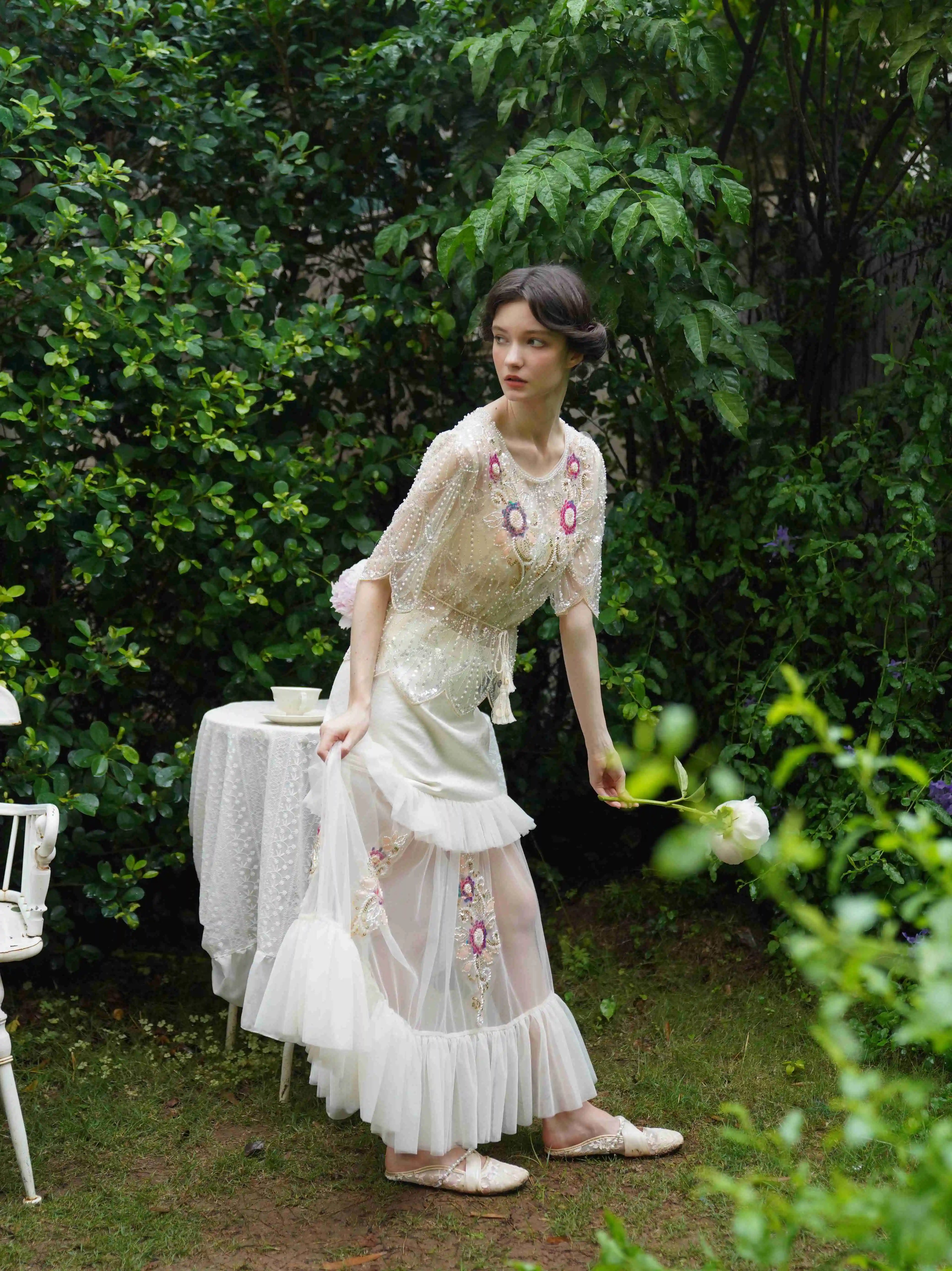 The Aurelia Beaded Gauze Skirt | Hand-Stitched Apricot Maxi | French Flounce Skirt with Ear Fringe | Parisian Princess