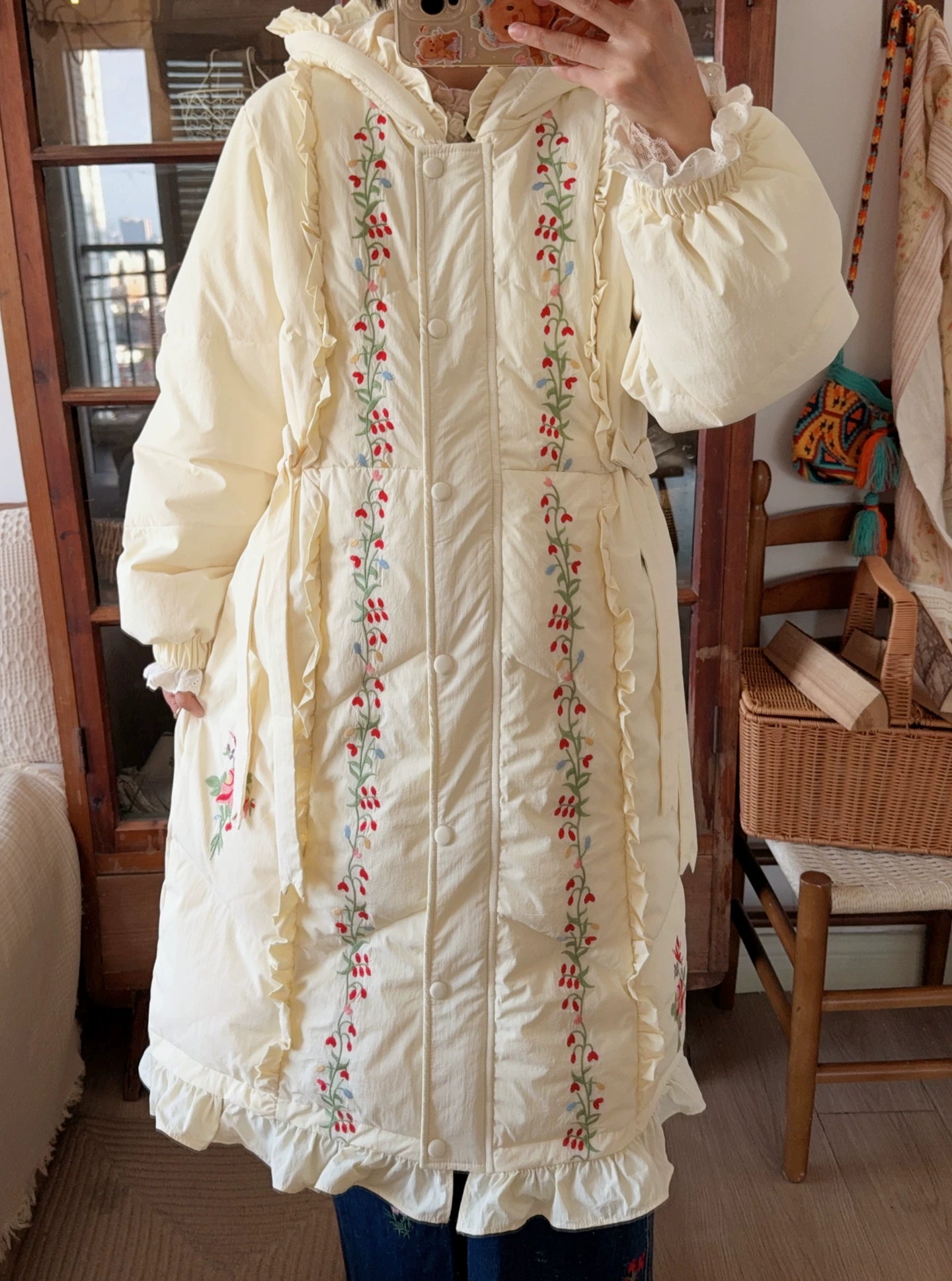 Parisian Women Full Sleeve Long Mid-Calf Thick Outerwear Hoode Zipper Down Jacket Embroidery Warm Coats Japanese Style